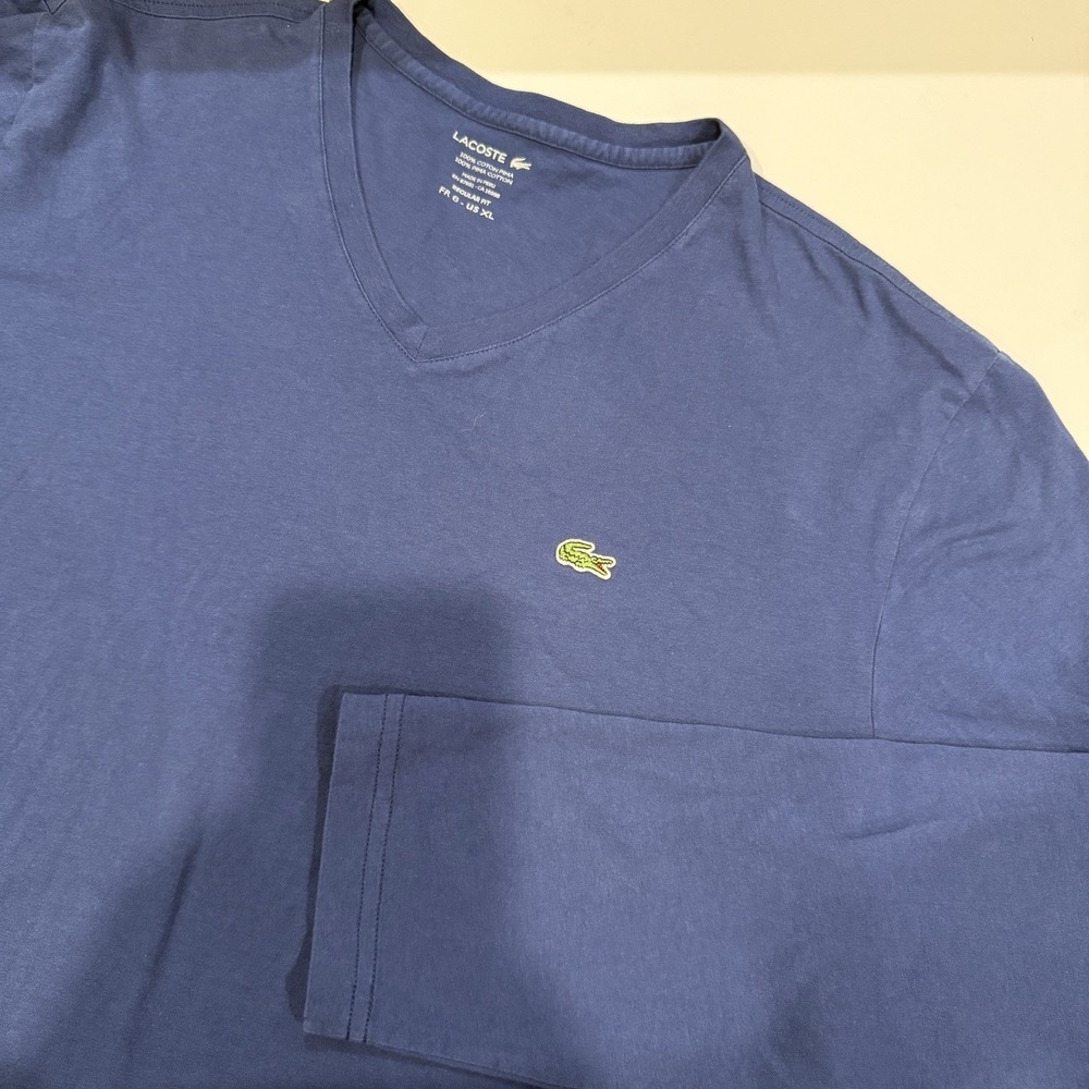 Lacoste Men XL Size 6 Pima Cotton Long Sleeve V-Neck T-Shirt Blue Crocodile Logo